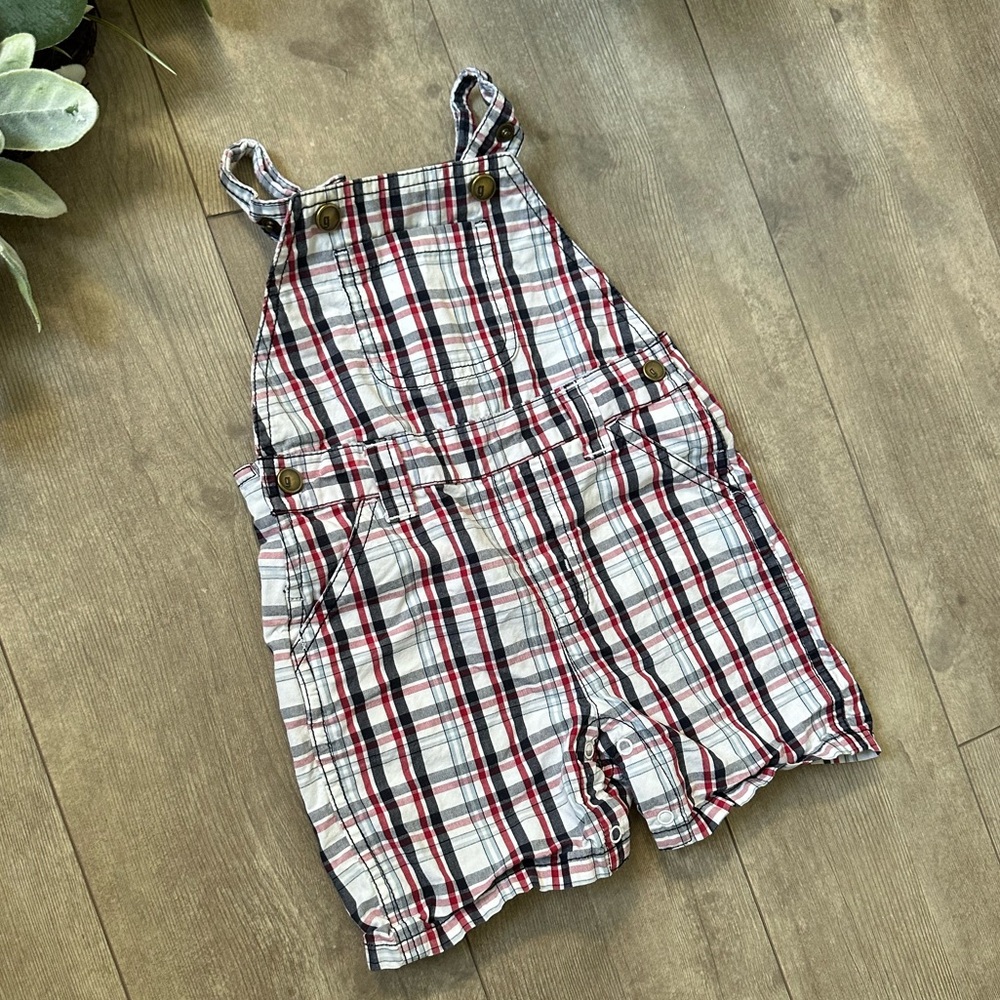 Y2K Gymboree Baby Boy Plaid Red White Blue Overalls Shortalls 6-12 M 100% Cotton - Picture 14 of 14